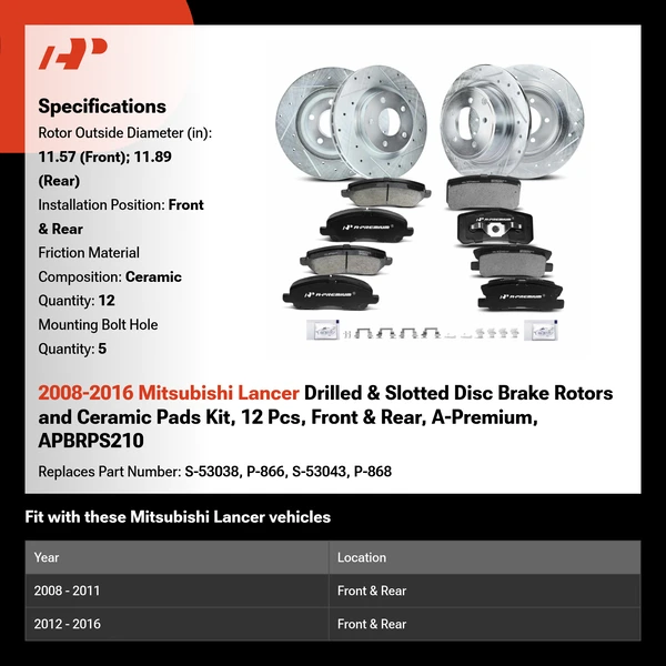 2008-2016 Mitsubishi Lancer Drilled & Slotted Disc Brake Rotors and Ceramic Pads Kit, 12 Pcs, Front & Rear, A-Premium, APBRPS210
