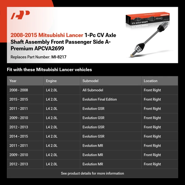 2008-2015 Mitsubishi Lancer 1-Pc CV Axle Shaft Assembly Front Passenger Side A-Premium APCVA2699