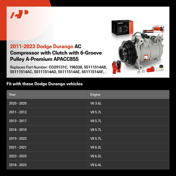 2011-2023 Dodge Durango AC Compressor with Clutch with 6-Groove Pulley A-Premium APACC855