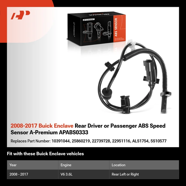 2008-2017 Buick Enclave Rear Driver or Passenger ABS Speed Sensor A-Premium APABS0333