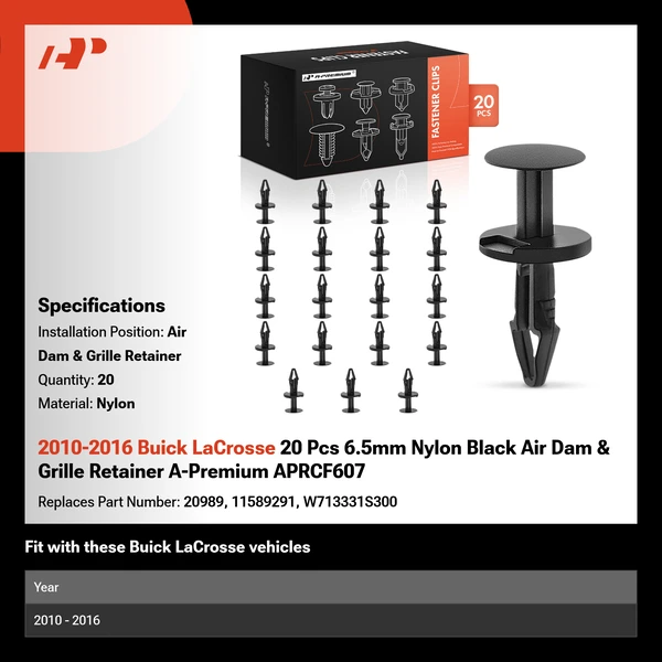 2010-2016 Buick LaCrosse 20 Pcs 6.5mm Nylon Black Air Dam & Grille Retainer A-Premium APRCF607