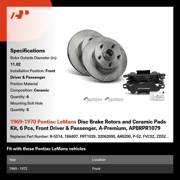 1969-1970 Pontiac LeMans Disc Brake Rotors and Ceramic Pads Kit, 6 Pcs, Front Driver & Passenger, A-Premium, APBRPR1079