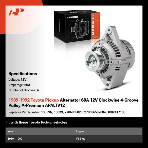 1989-1992 Toyota Pickup Alternator 60A 12V Clockwise 4-Groove Pulley A-Premium APALT912