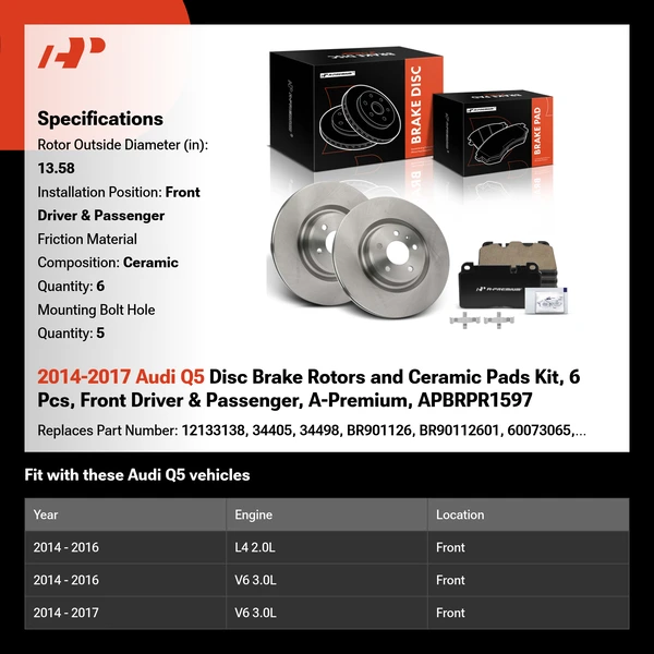 2014-2017 Audi Q5 Disc Brake Rotors and Ceramic Pads Kit, 6 Pcs, Front Driver & Passenger, A-Premium, APBRPR1597