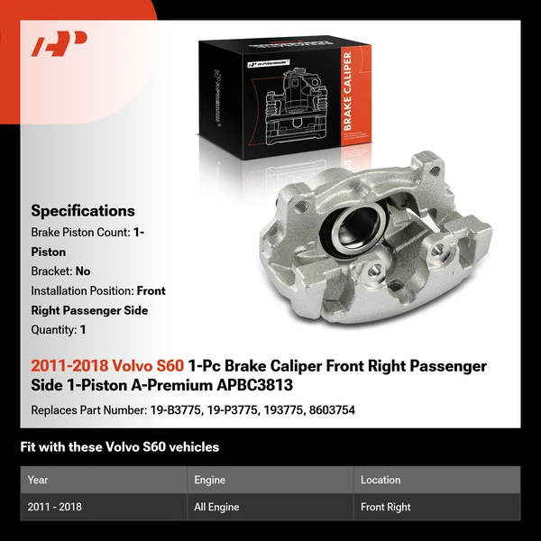 2011-2018 Volvo S60 1-Pc Brake Caliper Front Right Passenger Side 1-Piston A-Premium APBC3813