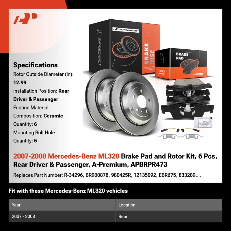 2007-2008 Mercedes-Benz ML320 Brake Pad and Rotor Kit, 6 Pcs, Rear Driver & Passenger, A-Premium, APBRPR473