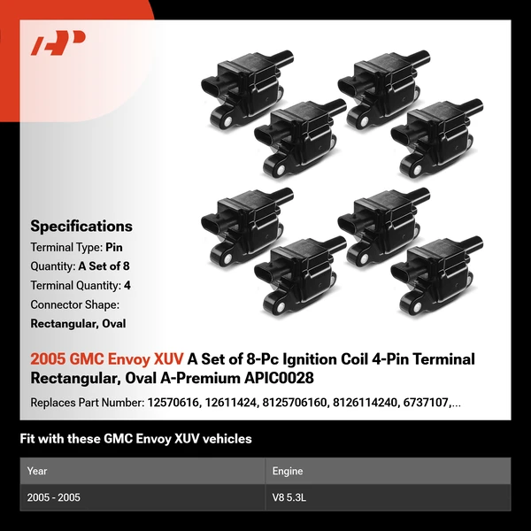 2005 GMC Envoy XUV A Set of 8-Pc Ignition Coil 4-Pin Terminal Rectangular, Oval A-Premium APIC0028
