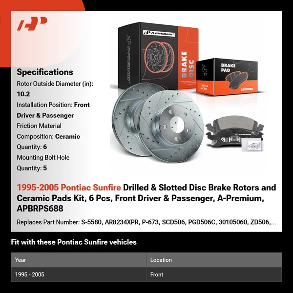 1995-2005 Pontiac Sunfire Drilled & Slotted Disc Brake Rotors and Ceramic Pads Kit, 6 Pcs, Front Driver & Passenger, A-Premium, APBRPS688