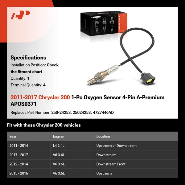 2011-2017 Chrysler 200 1-Pc Oxygen Sensor 4-Pin A-Premium APOS0371