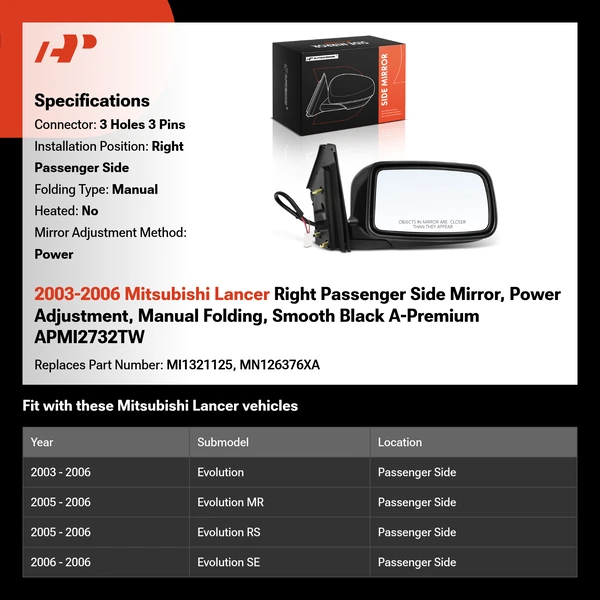 2003-2006 Mitsubishi Lancer Right Passenger Side Mirror, Power Adjustment, Manual Folding, Smooth Black A-Premium APMI2732TW