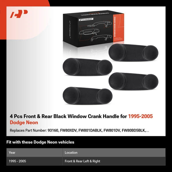 4 Pcs Front & Rear Black Window Crank Handle for 1995-2005 Dodge Neon