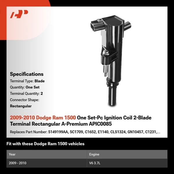 2009-2010 Dodge Ram 1500 One Set-Pc Ignition Coil 2-Blade Terminal Rectangular A-Premium APIC0085