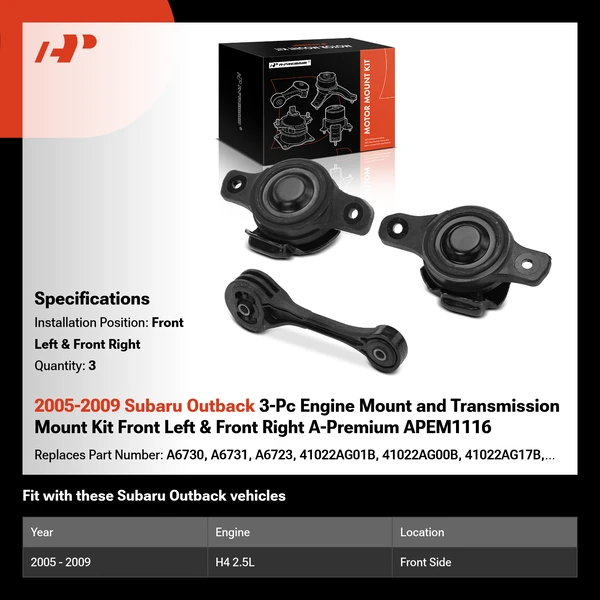 2005-2009 Subaru Outback 3-Pc Engine Mount and Transmission Mount Kit Front Left & Front Right A-Premium APEM1116