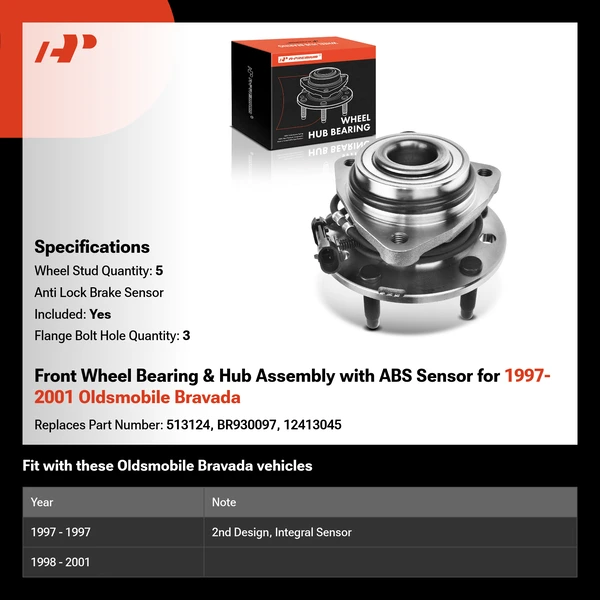 Front Wheel Bearing & Hub Assembly with ABS Sensor for 1997-2001 Oldsmobile Bravada