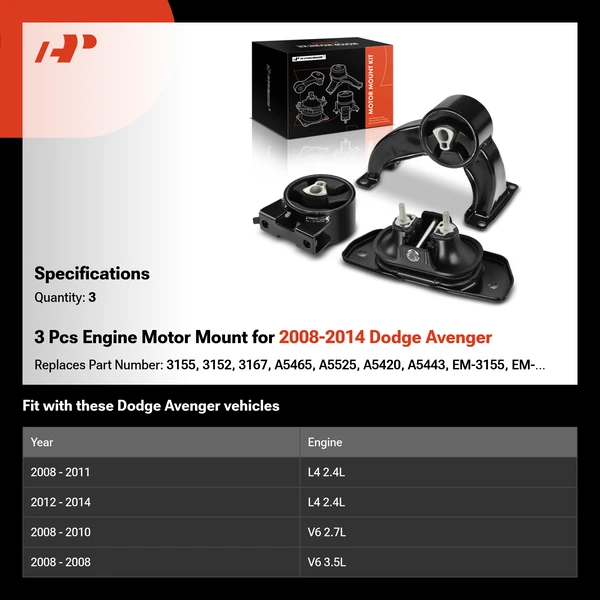 3 Pcs Engine Motor Mount for 2008-2014 Dodge Avenger