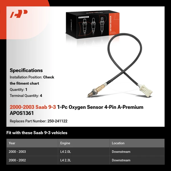 2000-2003 Saab 9-3 1-Pc Oxygen Sensor 4-Pin A-Premium APOS1361