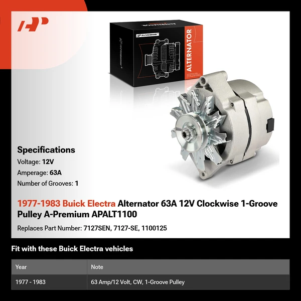 1977-1983 Buick Electra Alternator 63A 12V Clockwise 1-Groove Pulley A-Premium APALT1100