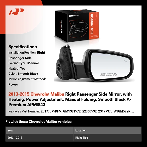2013-2015 Chevrolet Malibu Right Passenger Side Mirror, with Heating, Power Adjustment, Manual Folding, Smooth Black A-Premium APMI843