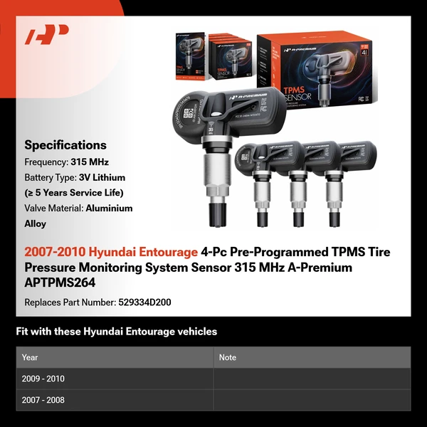 2007-2010 Hyundai Entourage 4-Pc Pre-Programmed TPMS Tire Pressure Monitoring System Sensor 315 MHz A-Premium APTPMS264