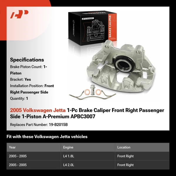 2005 Volkswagen Jetta 1-Pc Brake Caliper Front Right Passenger Side 1-Piston A-Premium APBC3007