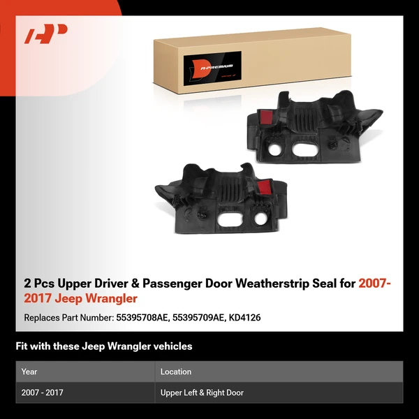 2 Pcs Upper Driver & Passenger Door Weatherstrip Seal for 2007-2017 Jeep Wrangler