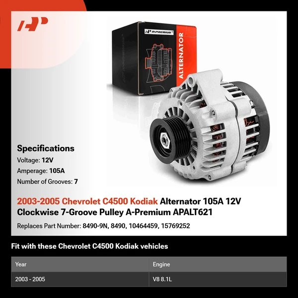 2003-2005 Chevrolet C4500 Kodiak Alternator 105A 12V Clockwise 7-Groove Pulley A-Premium APALT621