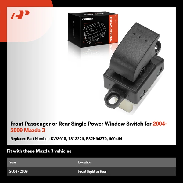 Front Passenger or Rear Single Power Window Switch for 2004-2009 Mazda 3