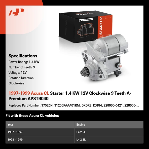 1997-1999 Acura CL Starter 1.4 KW 12V Clockwise 9 Teeth A-Premium APSTR040