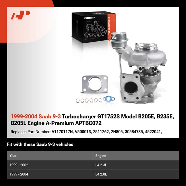 2000-2001 Saab 9-3 Turbocharger GT1752S Model B205E, B235E, B205L Engine A-Premium APTBC072