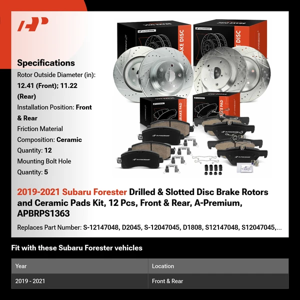 2019-2021 Subaru Forester Drilled & Slotted Disc Brake Rotors and Ceramic Pads Kit, 12 Pcs, Front & Rear, A-Premium, APBRPS1363