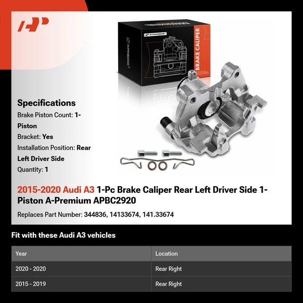 2015-2020 Audi A3 1-Pc Brake Caliper Rear Left Driver Side 1-Piston A-Premium APBC2920
