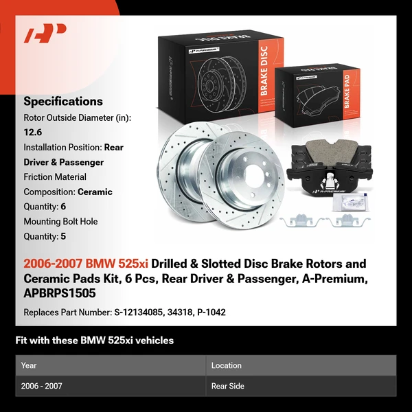2006-2007 BMW 525xi Drilled & Slotted Disc Brake Rotors and Ceramic Pads Kit, 6 Pcs, Rear Driver & Passenger, A-Premium, APBRPS1505