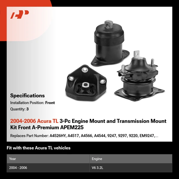 2004-2006 Acura TL 3-Pc Engine Mount and Transmission Mount Kit Front A-Premium APEM225