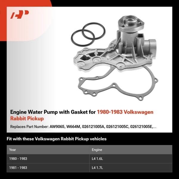 Engine Water Pump with Gasket for 1980-1983 Volkswagen Rabbit Pickup