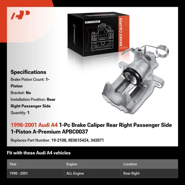 1998-2001 Audi A4 1-Pc Brake Caliper Rear Right Passenger Side 1-Piston A-Premium APBC0037