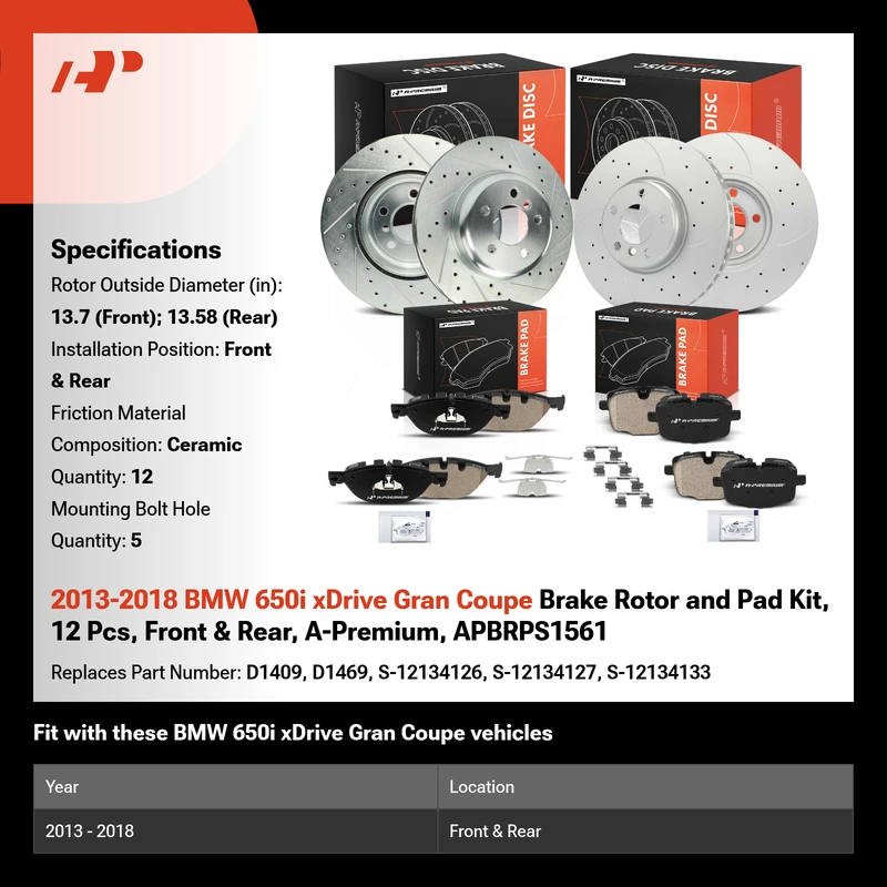 2013-2018 BMW 650i xDrive Gran Coupe Brake Rotor and Pad Kit, 12 Pcs, Front & Rear, A-Premium, APBRPS1561