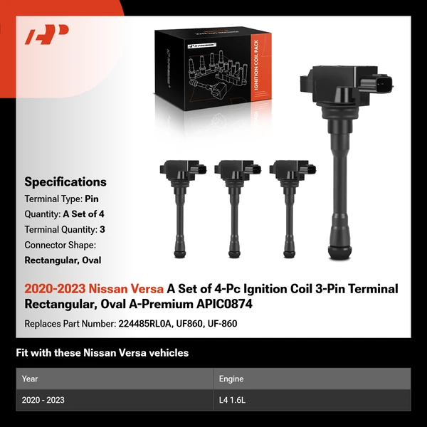 2020-2023 Nissan Versa A Set of 4-Pc Ignition Coil 3-Pin Terminal Rectangular, Oval A-Premium APIC0874