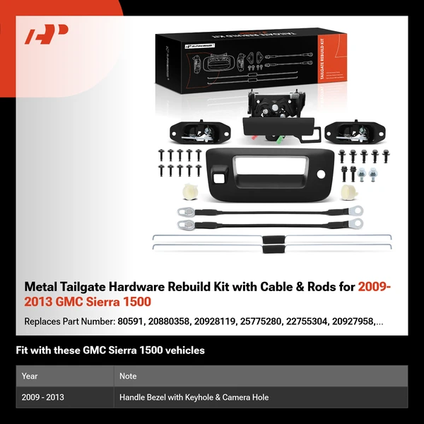 Metal Tailgate Hardware Rebuild Kit with Cable & Rods for 2009-2013 GMC Sierra 1500
