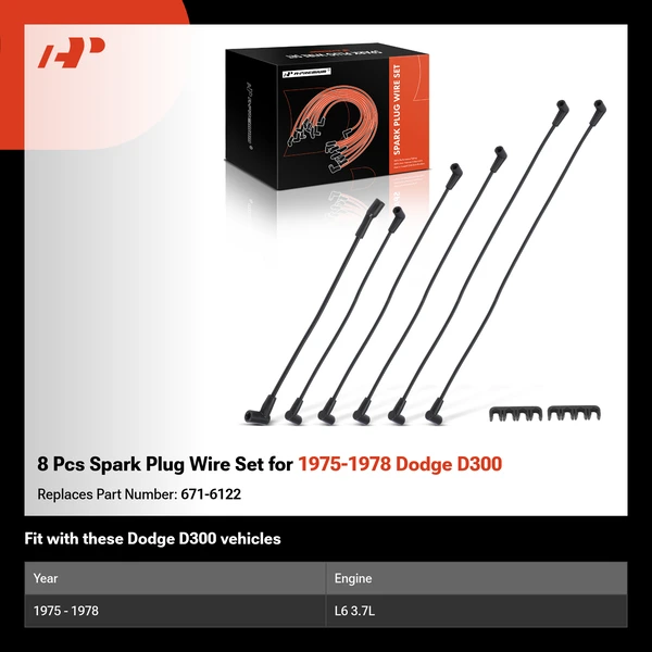 8 Pcs Spark Plug Wire Set for 1975-1978 Dodge D300