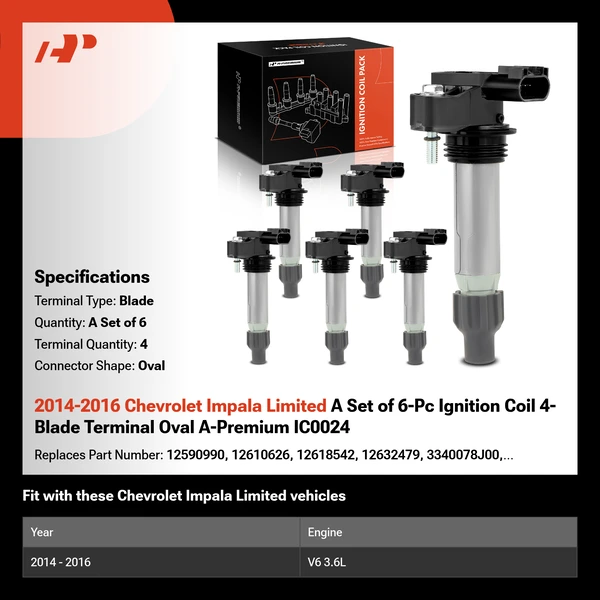 2014-2016 Chevrolet Impala Limited A Set of 6-Pc Ignition Coil 4-Blade Terminal Oval A-Premium IC0024