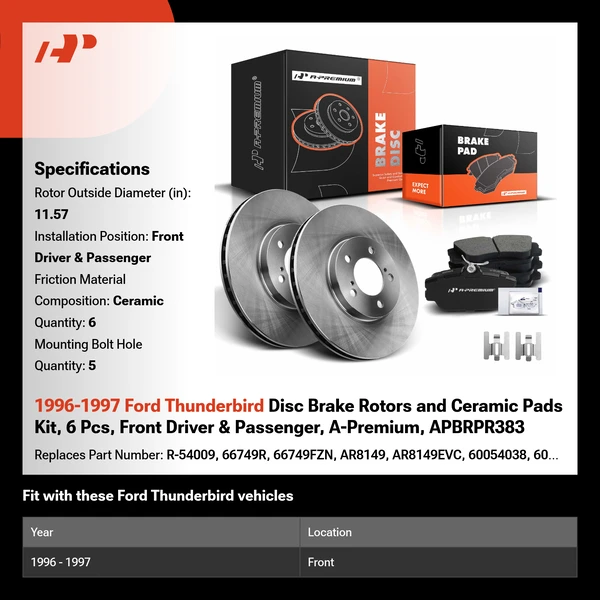 1996-1997 Ford Thunderbird Disc Brake Rotors and Ceramic Pads Kit, 6 Pcs, Front Driver & Passenger, A-Premium, APBRPR383
