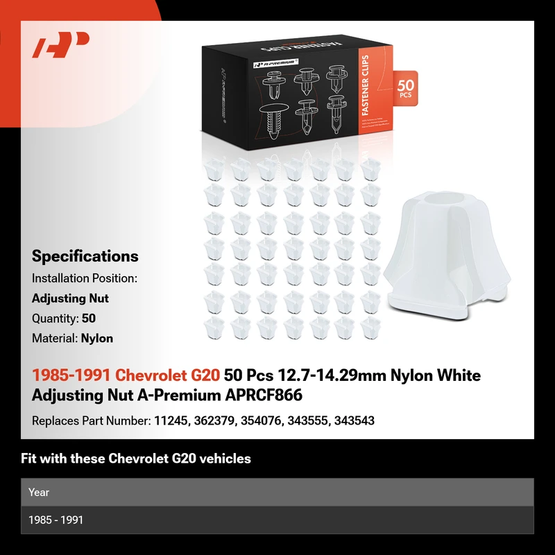1985-1991 Chevrolet G20 50 Pcs 12.7-14.29mm Nylon White Adjusting Nut A-Premium APRCF866