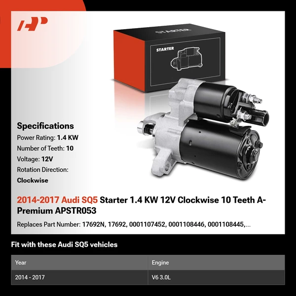 2014-2017 Audi SQ5 Starter 1.4 KW 12V Clockwise 10 Teeth A-Premium APSTR053
