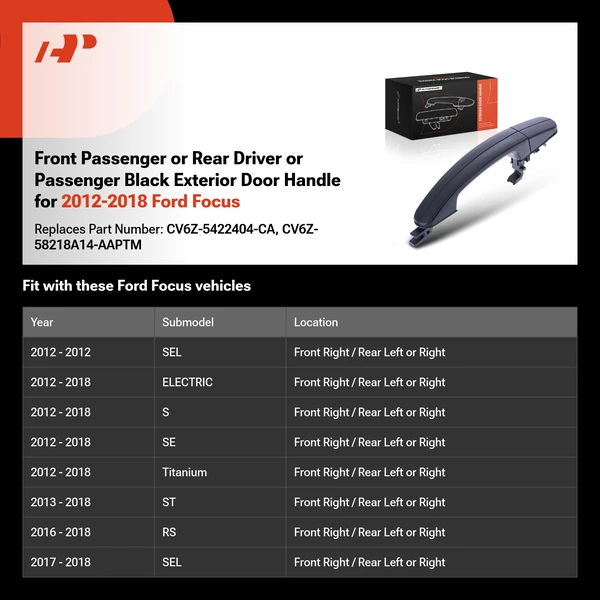 Front Passenger or Rear Driver or Passenger Black Exterior Door Handle for 2012-2018 Ford Focus