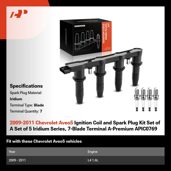 2009-2011 Chevrolet Aveo5 Ignition Coil and Spark Plug Kit Set of A Set of 5 Iridium Series, 7-Blade Terminal A-Premium APIC0769