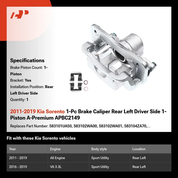 2011-2019 Kia Sorento 1-Pc Brake Caliper Rear Left Driver Side 1-Piston A-Premium APBC2149