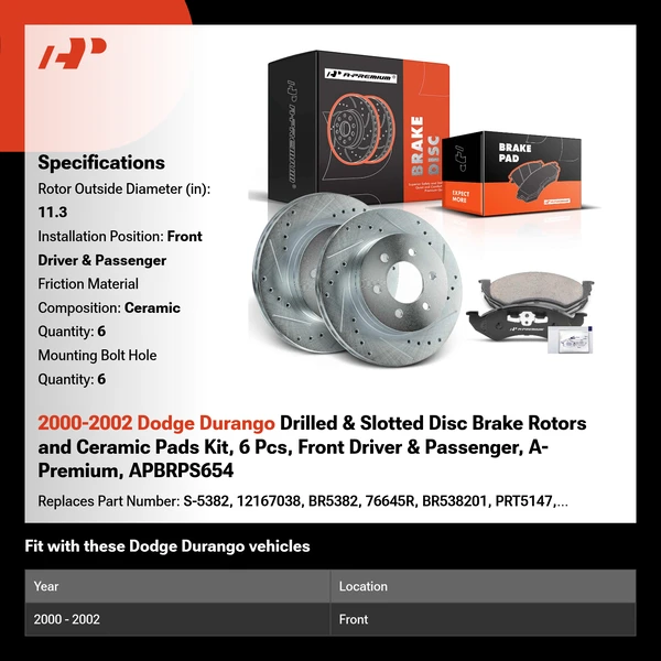 2000-2002 Dodge Durango Drilled & Slotted Disc Brake Rotors and Ceramic Pads Kit, 6 Pcs, Front Driver & Passenger, A-Premium, APBRPS654