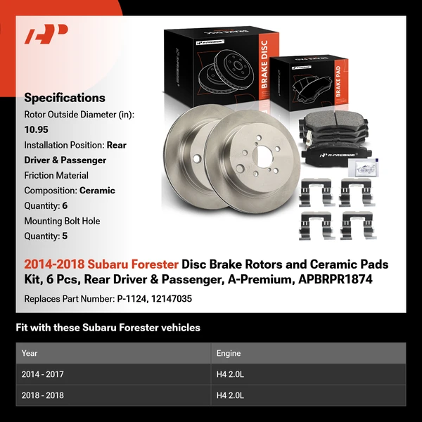 2014-2018 Subaru Forester Disc Brake Rotors and Ceramic Pads Kit, 6 Pcs, Rear Driver & Passenger, A-Premium, APBRPR1874