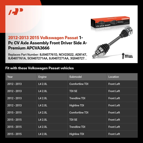 2012-2013 2015 Volkswagen Passat 1-Pc CV Axle Assembly Front Driver Side A-Premium APCVA3666
