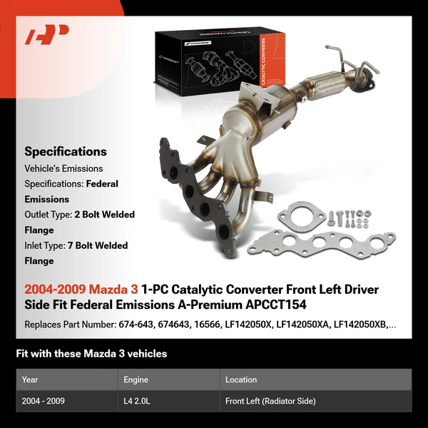 2004-2009 Mazda 3 1-PC Catalytic Converter Front Left Driver Side Fit Federal Emissions A-Premium APCCT154